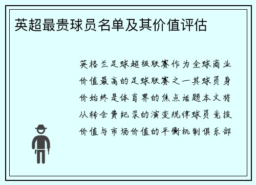 英超最贵球员名单及其价值评估