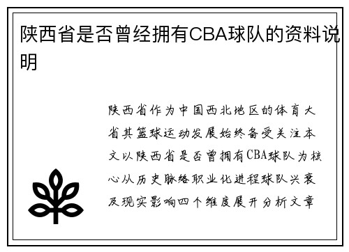 陕西省是否曾经拥有CBA球队的资料说明